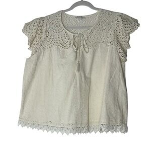 Jennifer & Grace Top Women's XL Beige Eyelet Lace Cottagecore Romantic Coquette